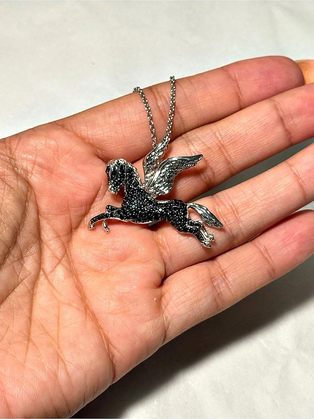 Vintage Necklace Sterling Silver 925 Pegasus With Clear and Dark Stones